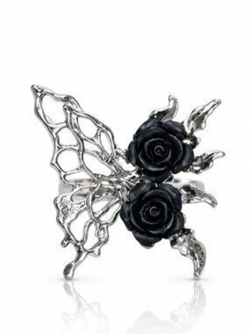 Silver-Tone Black Rose Statement Ring